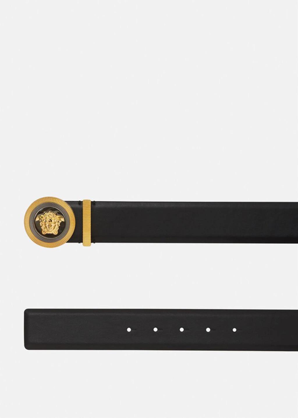 VERSACE Medusa Streamlined Leather Belt With Adjustable Length And Gold-tone Buckle In Black Product Image