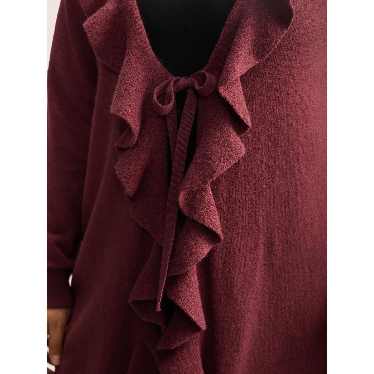 Plus Size Supersoft Essentials Solid Ruffle Trim Ties Cardigan Scarlet Women Leisure Long Sleeve Casual Cardigans BloomChic 10/M Product Image