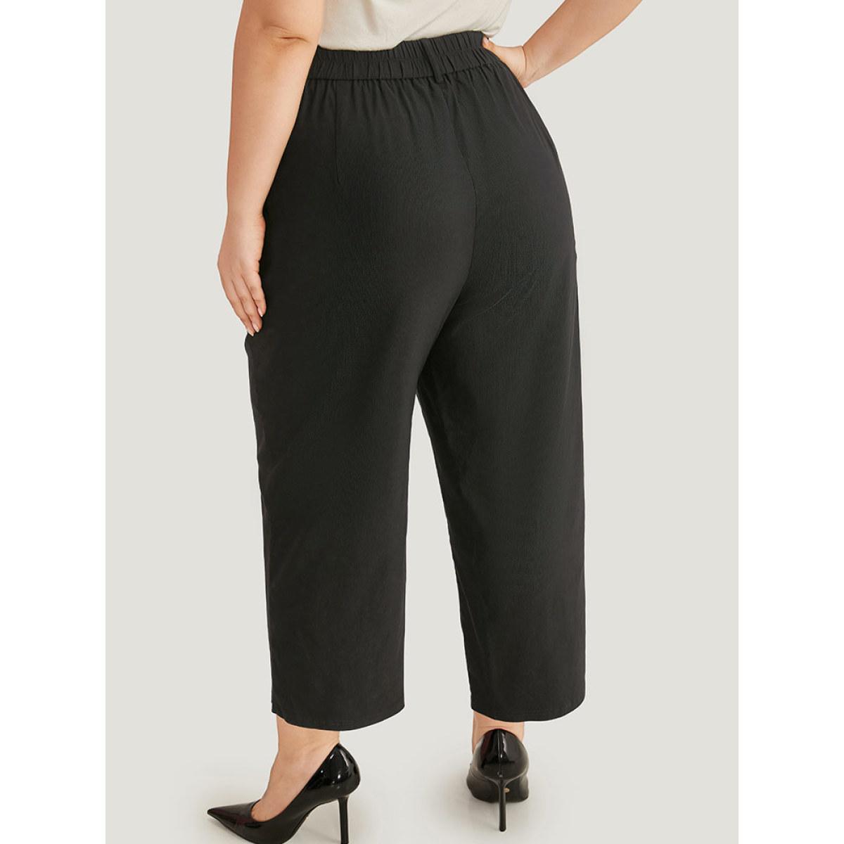 Plus Size Solid Button Up Straight Leg Pants Women Black Workwear Essentials Straight Leg High Rise Work Pants BloomChic 12/L Product Image