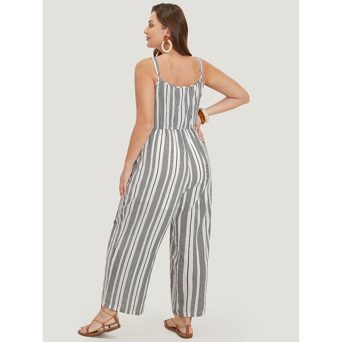Plus Size White Striped Print Button Pocket Detail Cami Jumpsuit Women Vacation Sleeveless Spaghetti Strap Dailywear Loose Jumpsuits BloomChic 22-24/3X Product Image