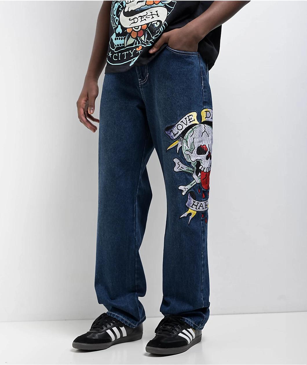 Ed Hardy Skull Heart Indigo Loose Fit Jeans Product Image