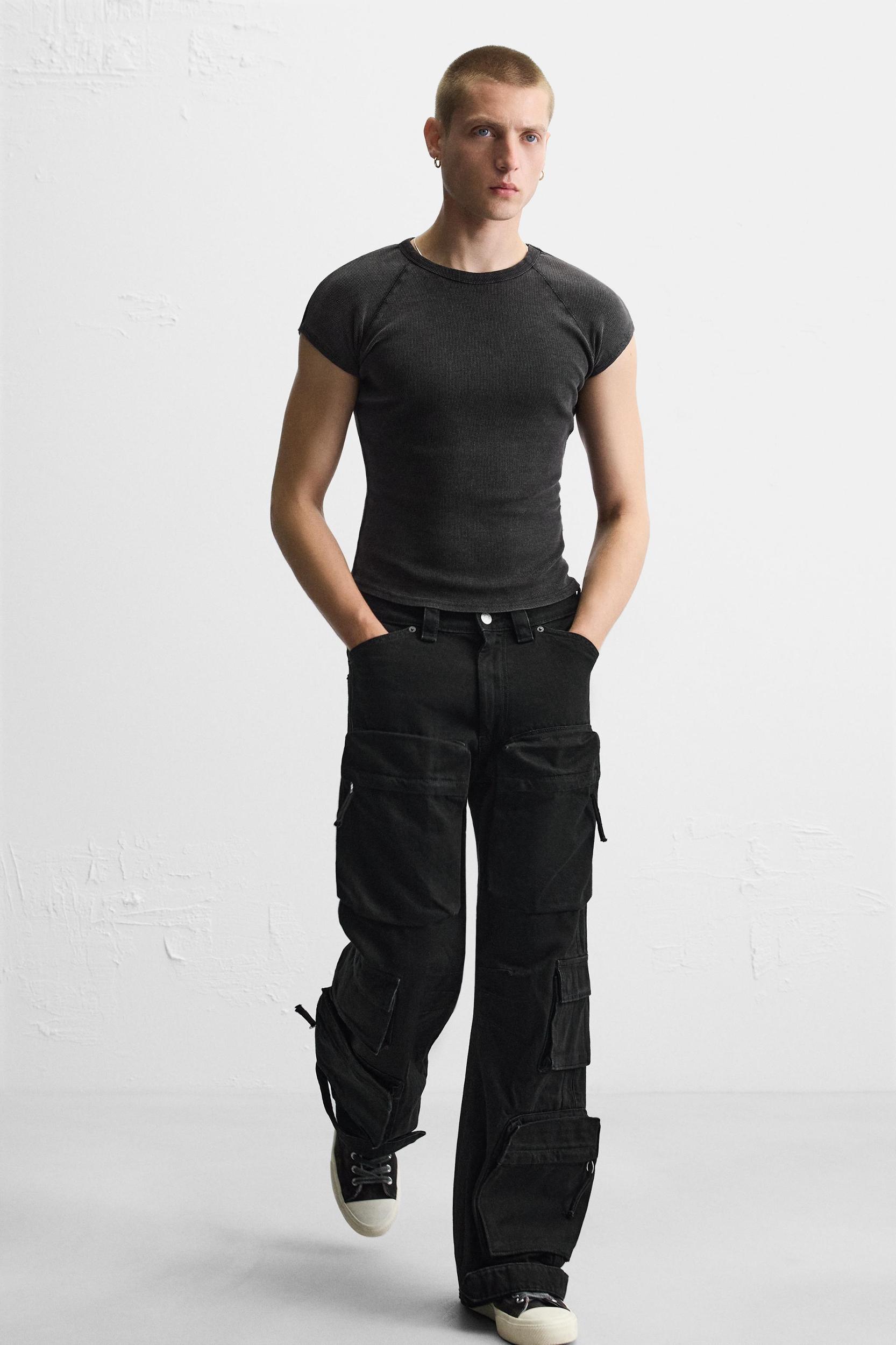 DENIM CARGO PANTS WITH POCKETS Product Image