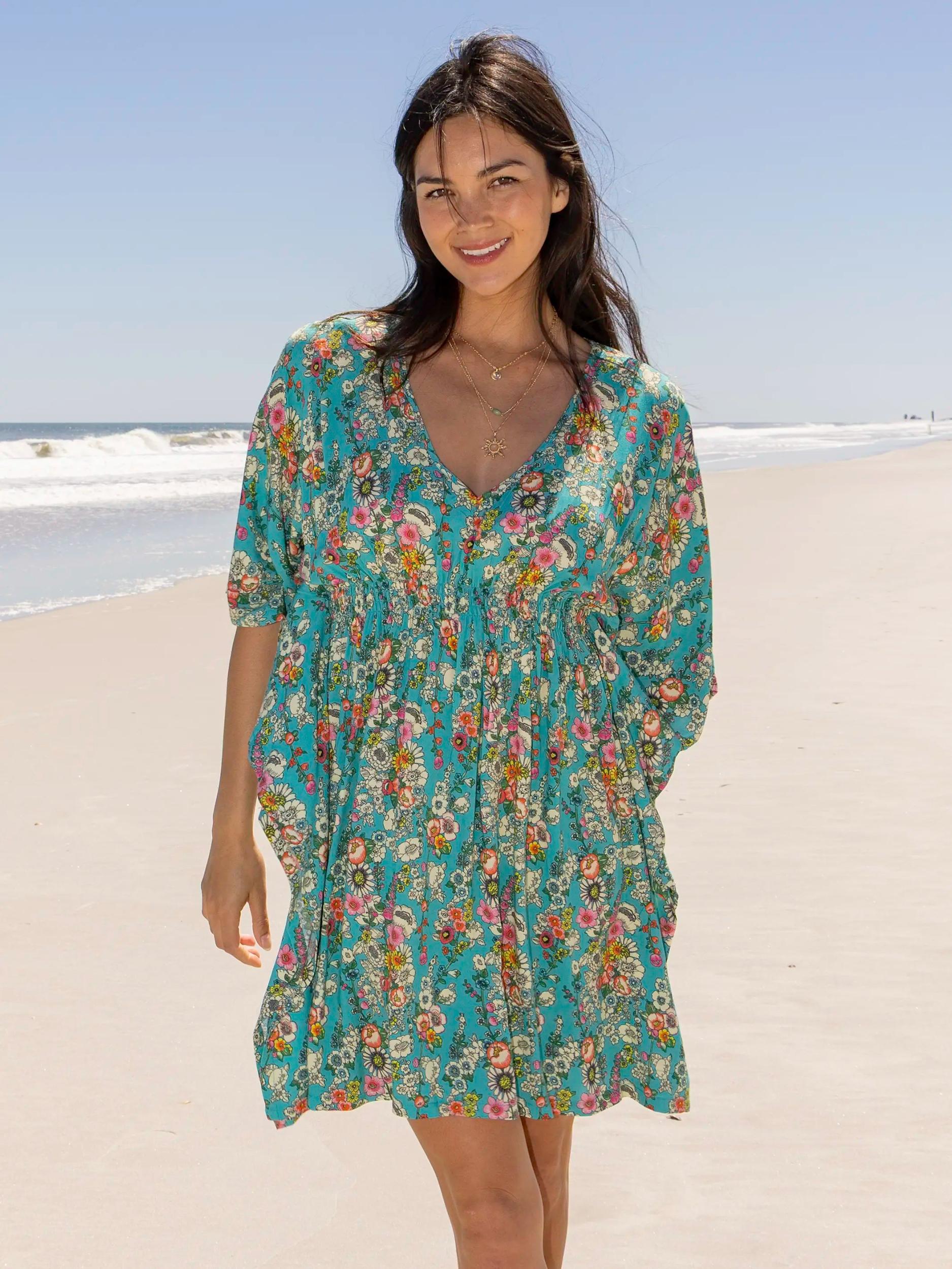 Sanibel Kaftan Mini Dress - Turquoise Floral Product Image