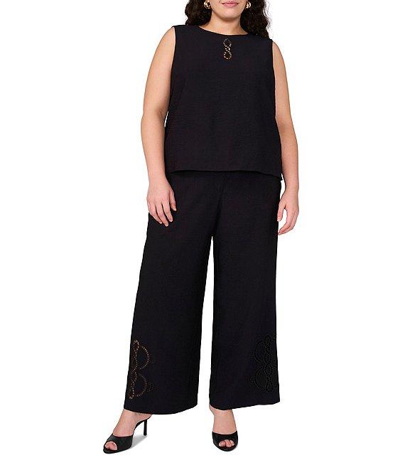 Vince Camuto Plus Size Embroidered Cutout Wide Leg Pants Product Image