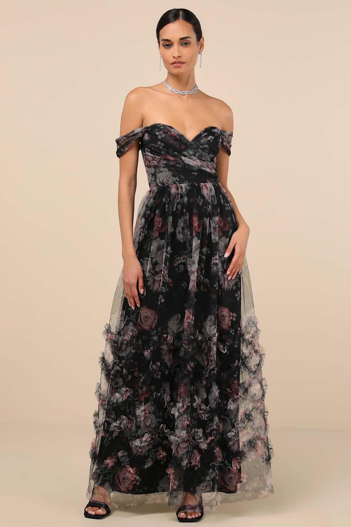 Ideal Beauty Black Floral Mesh Off-the-Shoulder Maxi Dress Product Image