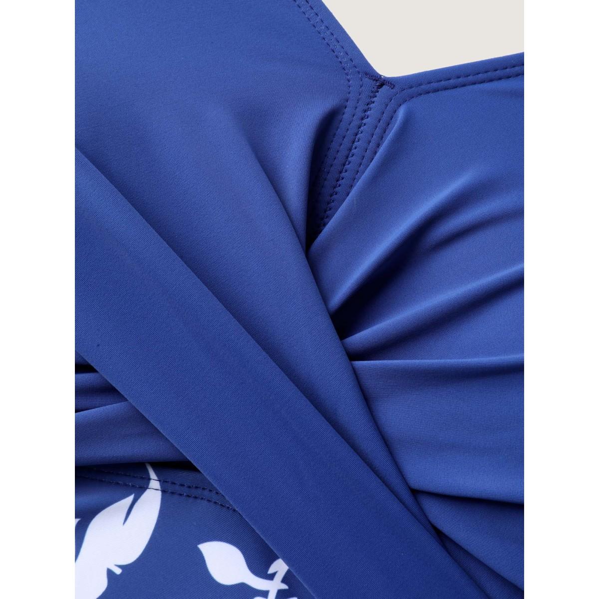 Plus Size Twist Front Floral Print Swim Dress Women's Swimwear Mediumblue Beach Bodycon V-neck High stretch Curve Swim Dresses BloomChic 28/5X Product Image