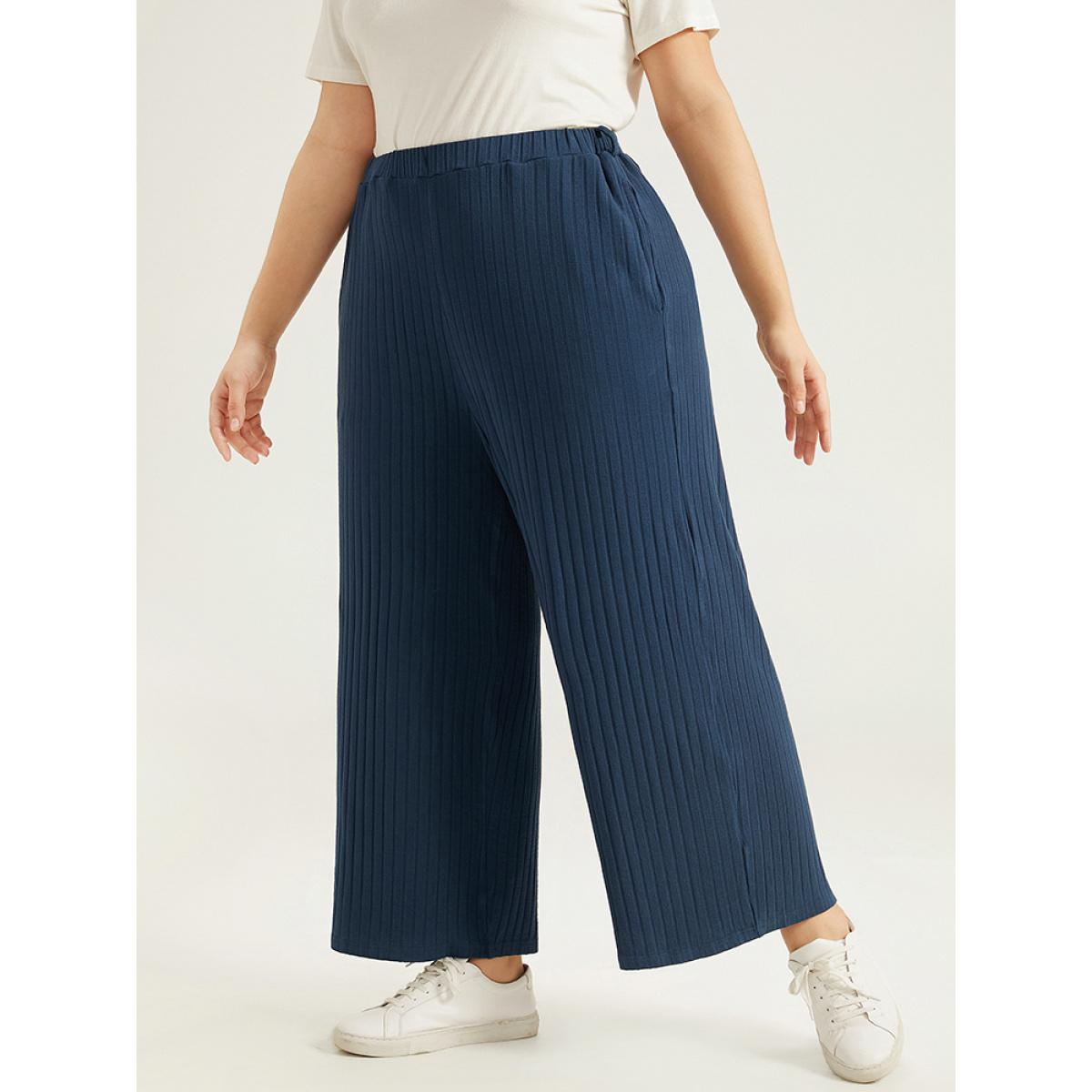 Plain Textured Wide Leg Sweatpants Indigo Plus Size Women Casual Dailywear Texture 26/4X Bloomchic Product Image
