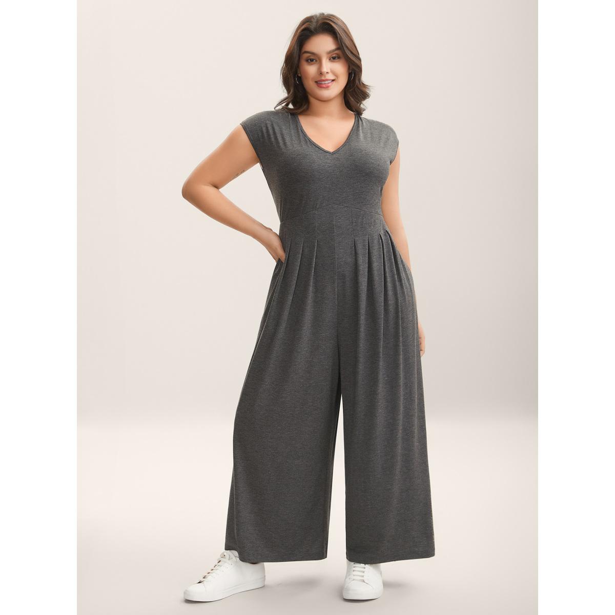 Plus Size DimGray Pleated Waist Pockets Wide-Leg Jumpsuit Women Cap Sleeve V-neck Casual Loose Jumpsuits BloomChic 14-16/1X Product Image