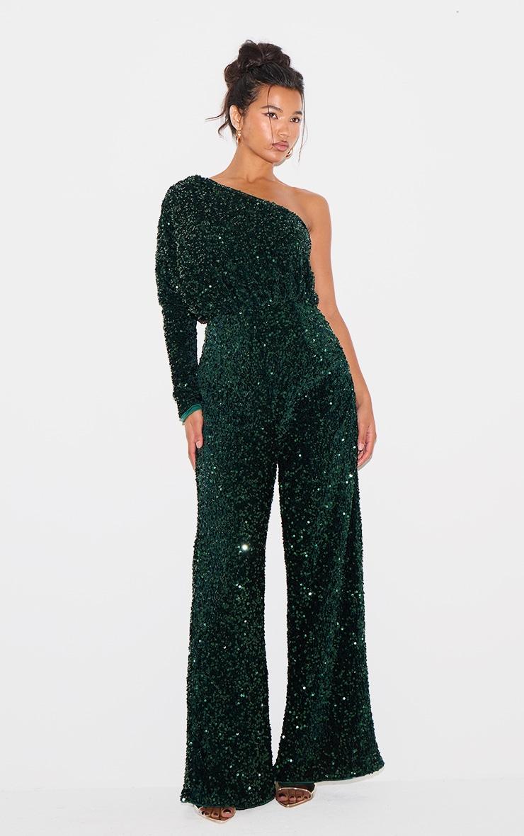 Emerald Green Velvet Sequin One Shoulder Wide Leg Jumpsuit Product Image