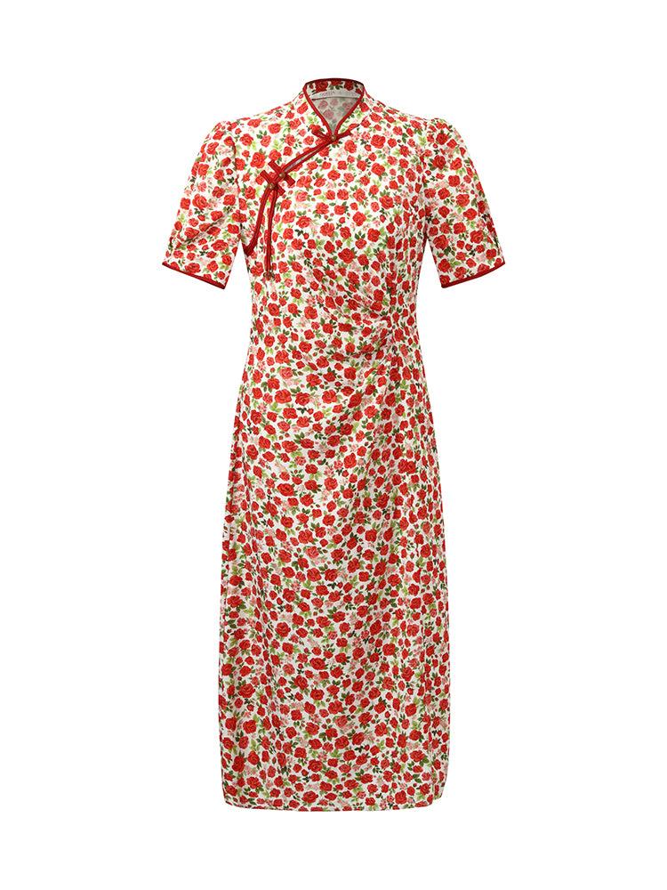 Red Rose Print Cheongsam Women Qipao Midi Dress Product Image