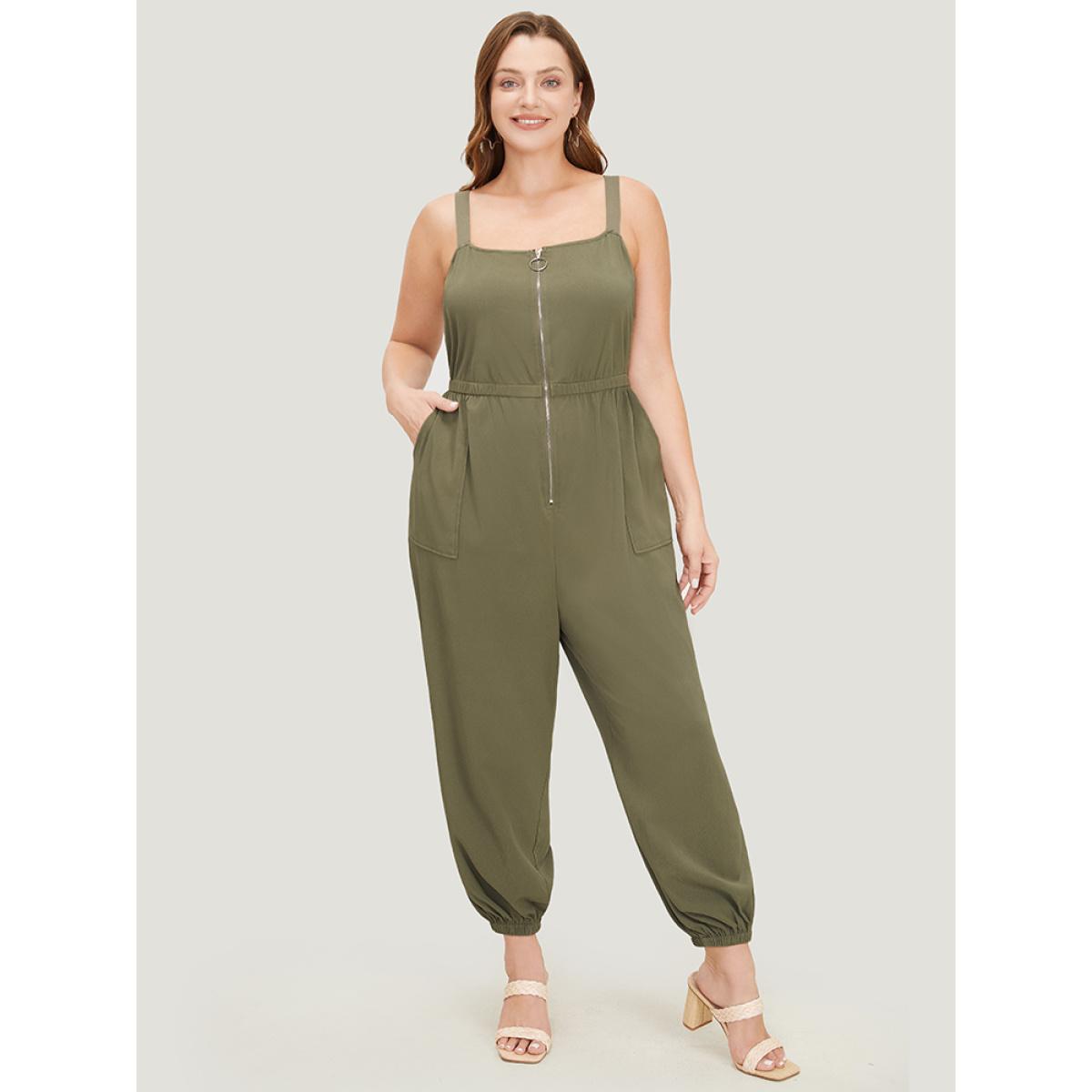 Plus Size ArmyGreen Solid Pocket Zip Up Cami Jumpsuit Women Casual Sleeveless Spaghetti Strap Dailywear Loose Jumpsuits BloomChic 18-20/2X Product Image
