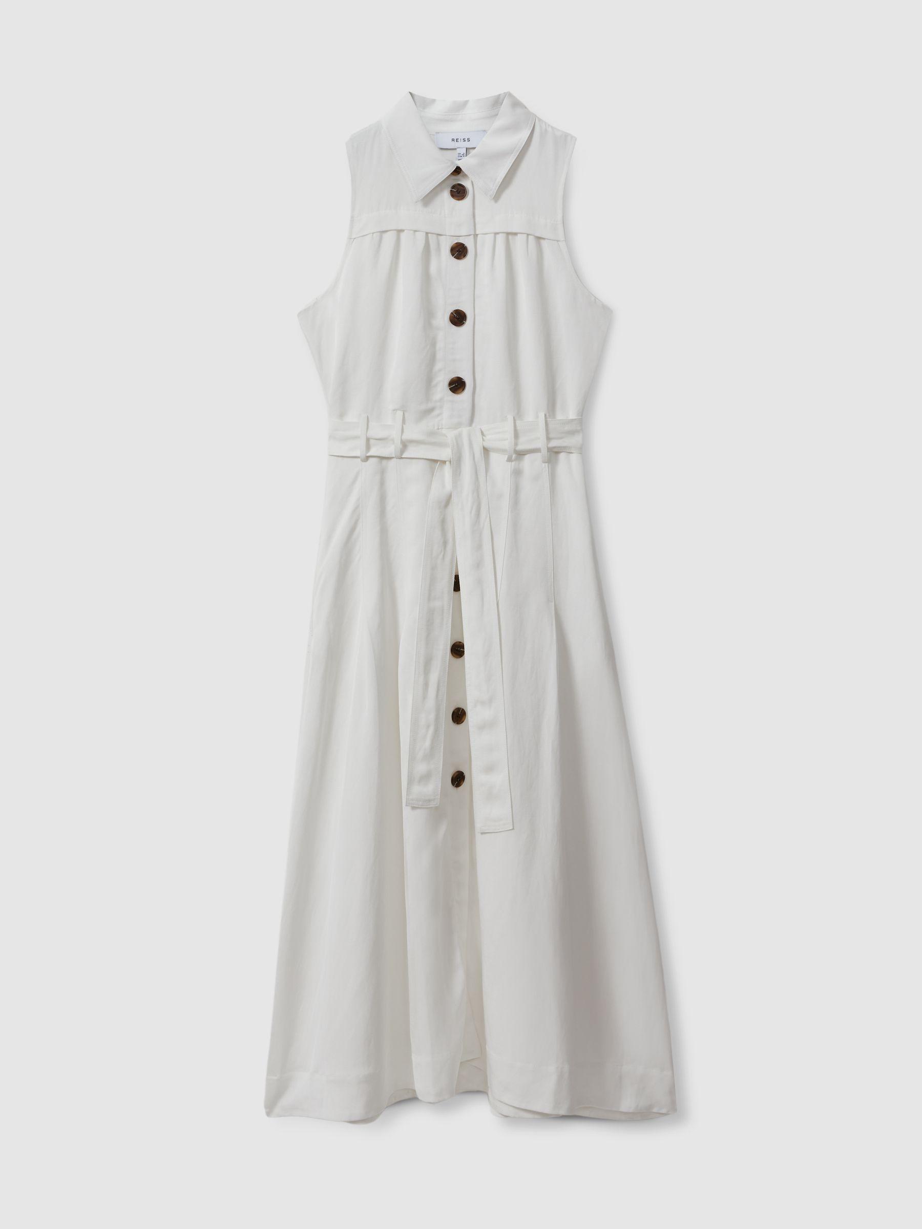 Viscose-Linen Belted Midi Dress in White Product Image