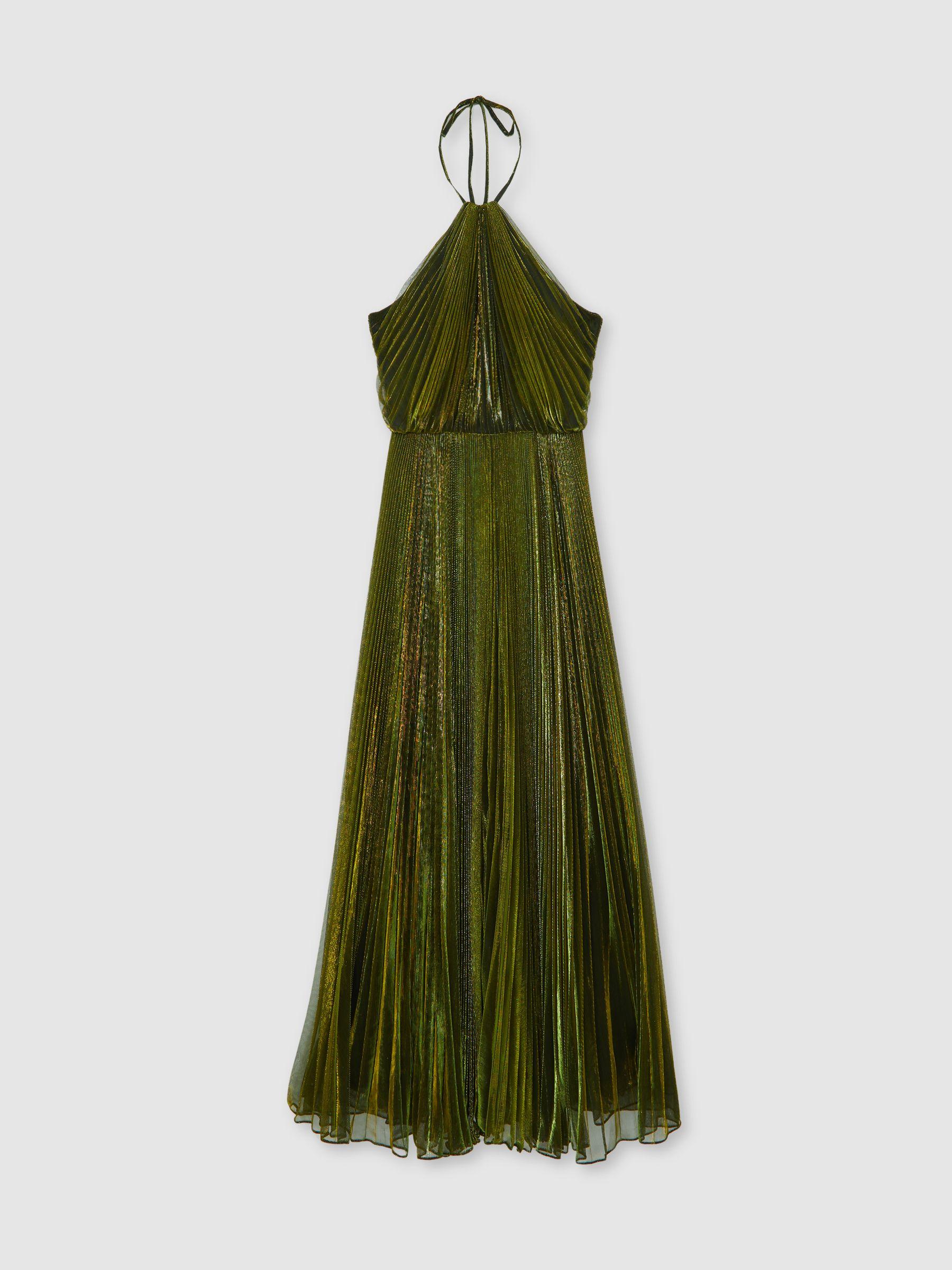 Halston Metallic Pleated Maxi Dress in Dark Olive Green Product Image