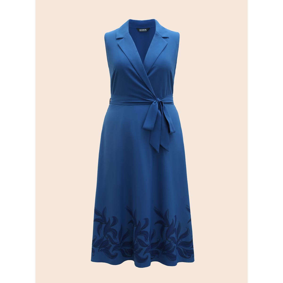 Plus Size Suit Collar Floral Belted Sleeveless Dress DarkBlue Women At the Office Belted Suit Collar Sleeveless Curvy BloomChic 26/4X Product Image