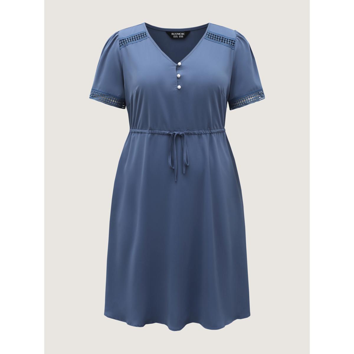 Plus Size Lace Trim Waist-Drawstring Solid Midi Dress Mediumblue Women V-neck Short sleeve Curvy BloomChic 10/M Product Image