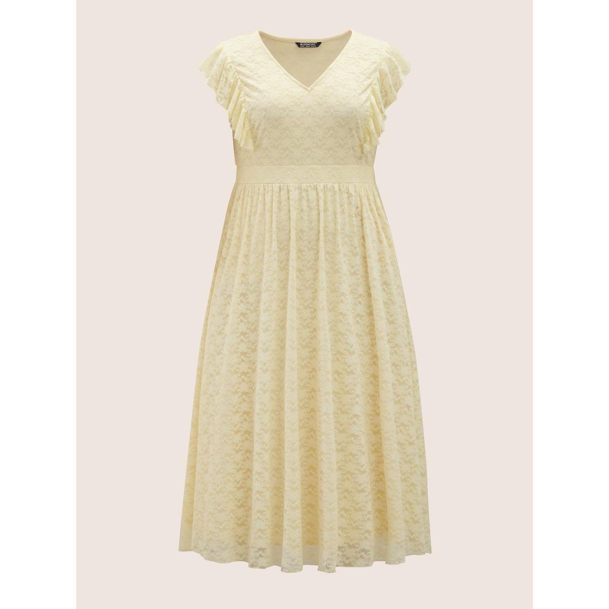 Plus Size Guipure Lace Ruffle Trim Side Seam Pocket Dress Apricot Women Formal Deep V-neck Sleeveless Curvy BloomChic 26/4X Product Image