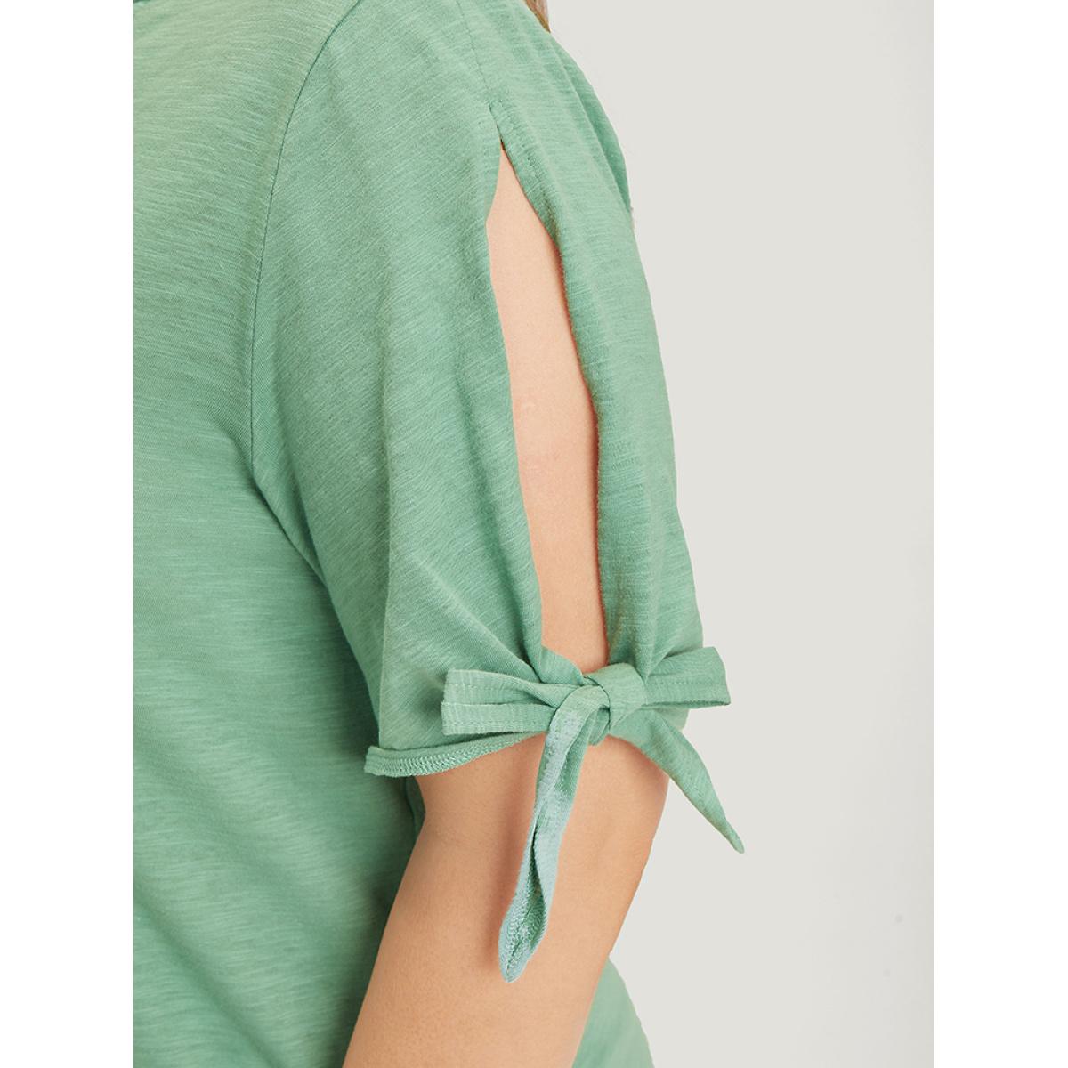 Plus Size Solid Button Up Notched Knot Sleeve Cut Out T-shirt Mint Women Casual Heather Plain Notched collar Dailywear T-shirts BloomChic 22-24/3X Product Image