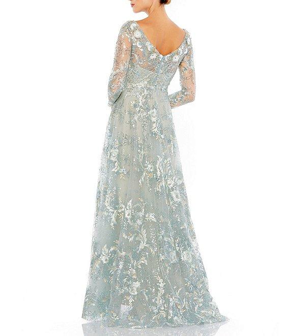 Mac Duggal Floral Embroidered Sequin Illusion Boat Neck Long Sleeve Gown Product Image