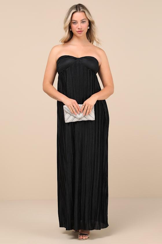Whimsical Beauty Black Satin Plisse Strapless Maxi Dress Product Image