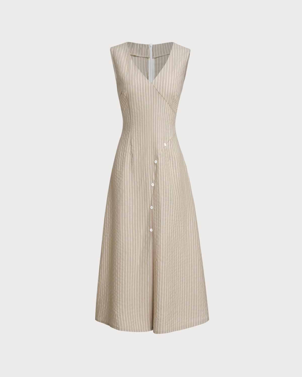 Khaki Striped V-Neck Sleeveless Maxi Dress Product Image