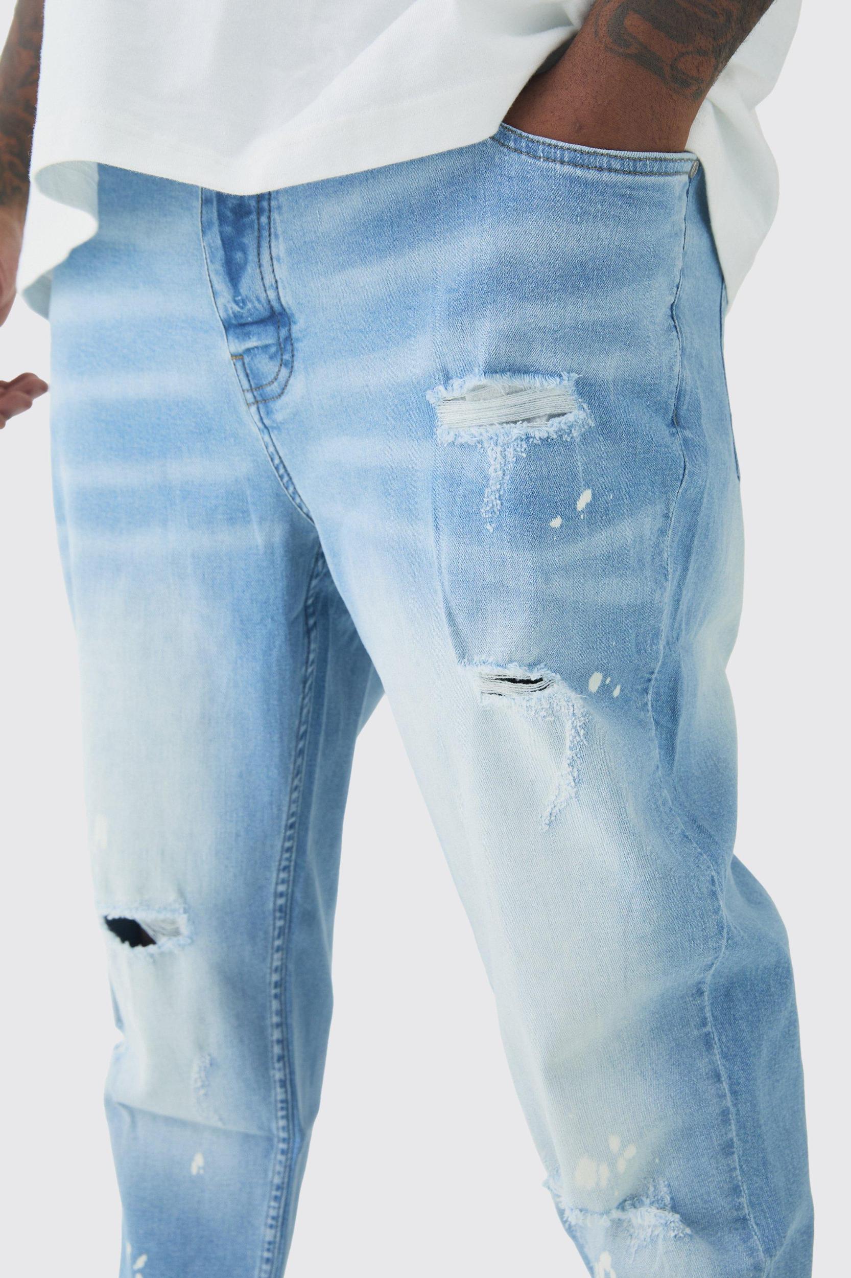 Plus Skinny All Over Ripped Bleached Paint Splatter Jeans | boohooMAN USA Product Image