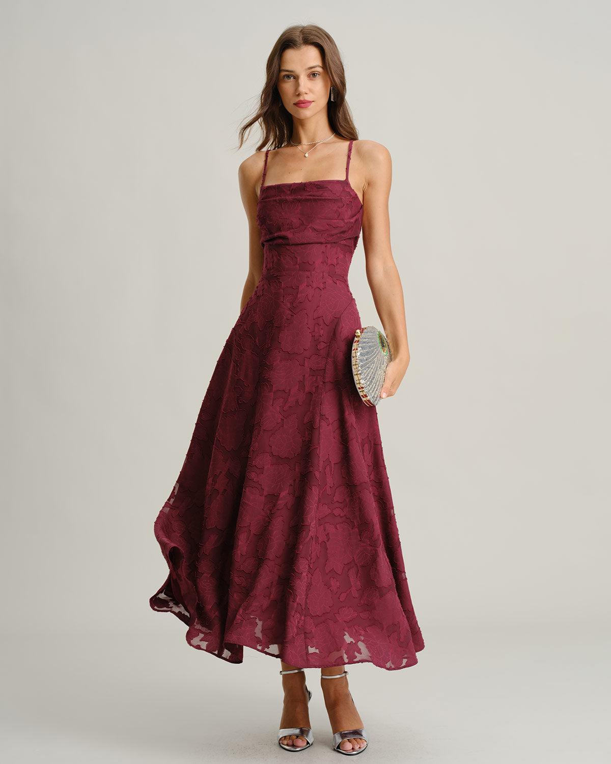 Wine Red Jacquard Slip Maxi Dress Product Image