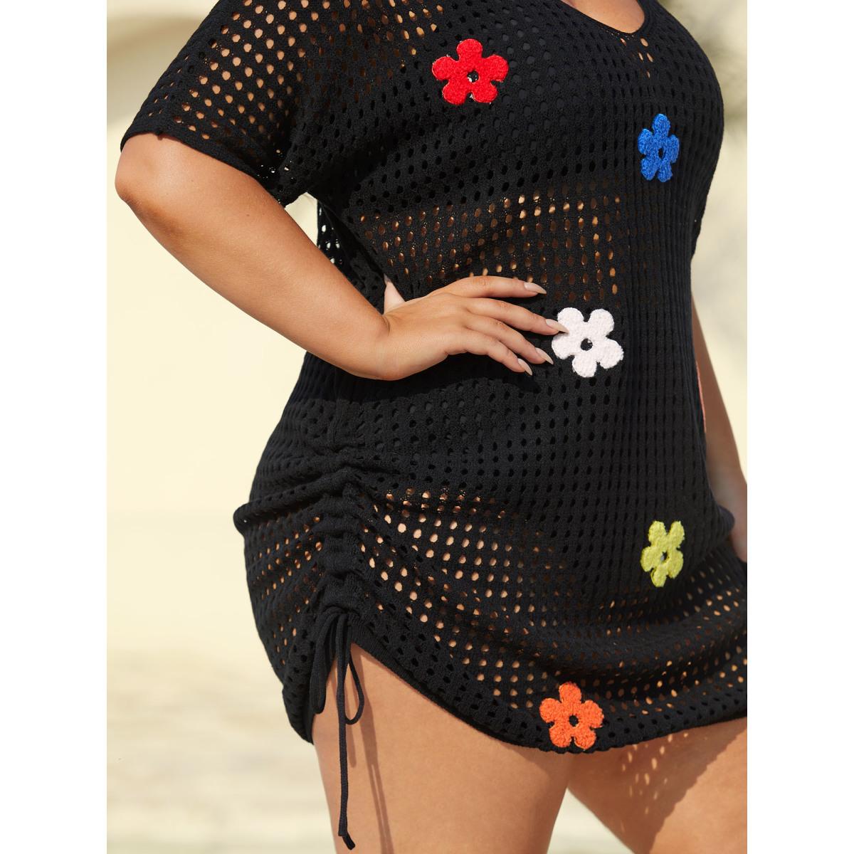 Plus Size Crochet Flowers Side Drawstrings Swim Cover-Up Women's Swimwear Black Beach Loose Texture Curve Swim Cover Ups BloomChic 22-24/3X Product Image