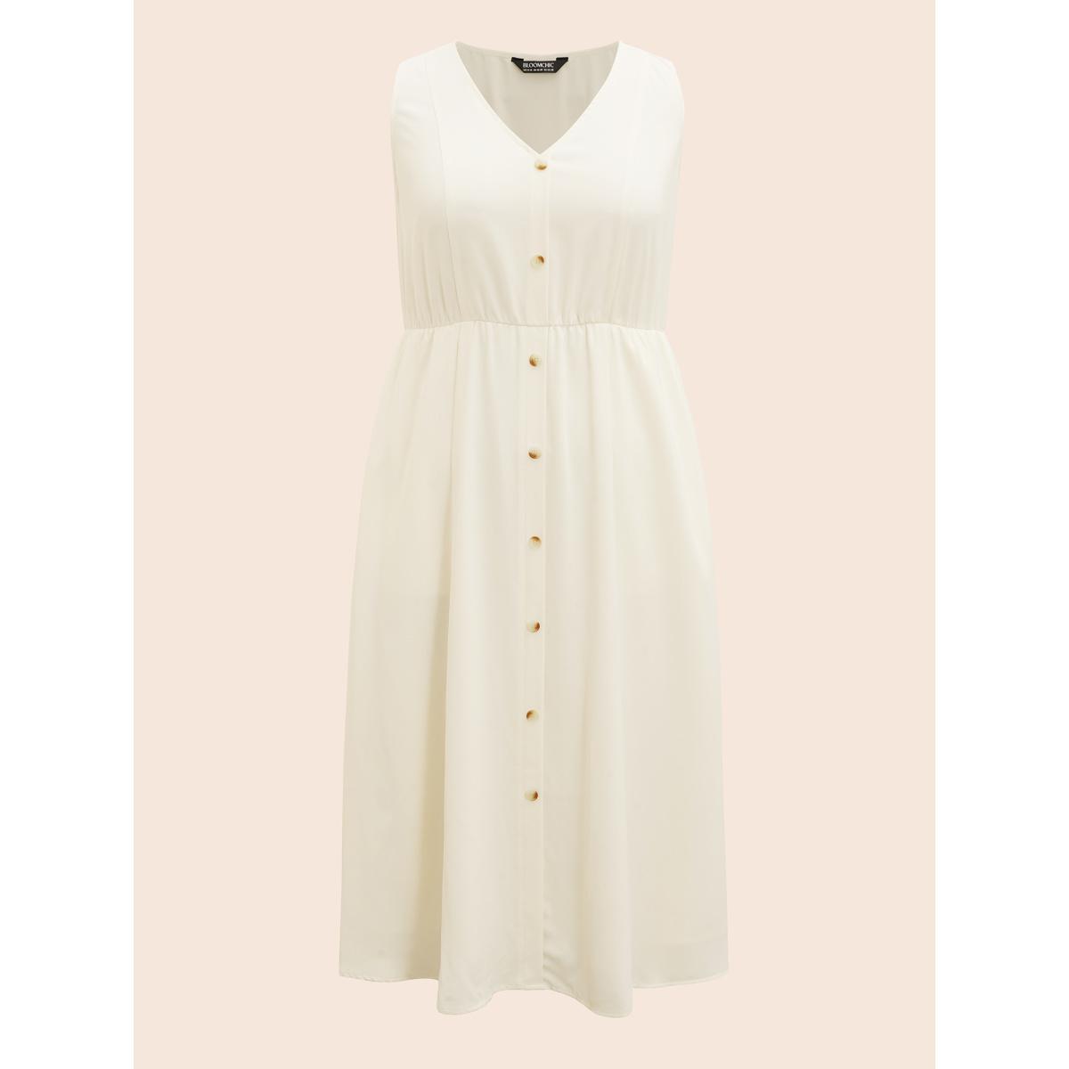 Plus Size V Neck Button Detail Sleeveless Dress Ivory Women At the Office Button V-neck Sleeveless Curvy BloomChic 30/6X Product Image