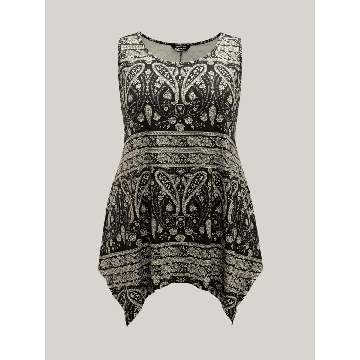 Plus Size Boho Print Flared Tank Top Women Black Casual Asymmetrical Round Neck Everyday Tank Tops Camis BloomChic 14-16/1X Product Image