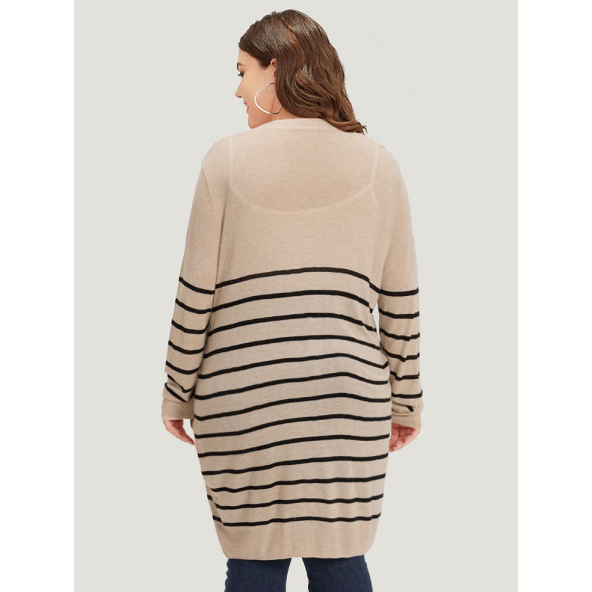 Plus Size Supersoft Essentials Striped Button Fly Tunic Cardigan Champagne Women Casual Loose Long Sleeve Dailywear Cardigans BloomChic 12/L Product Image