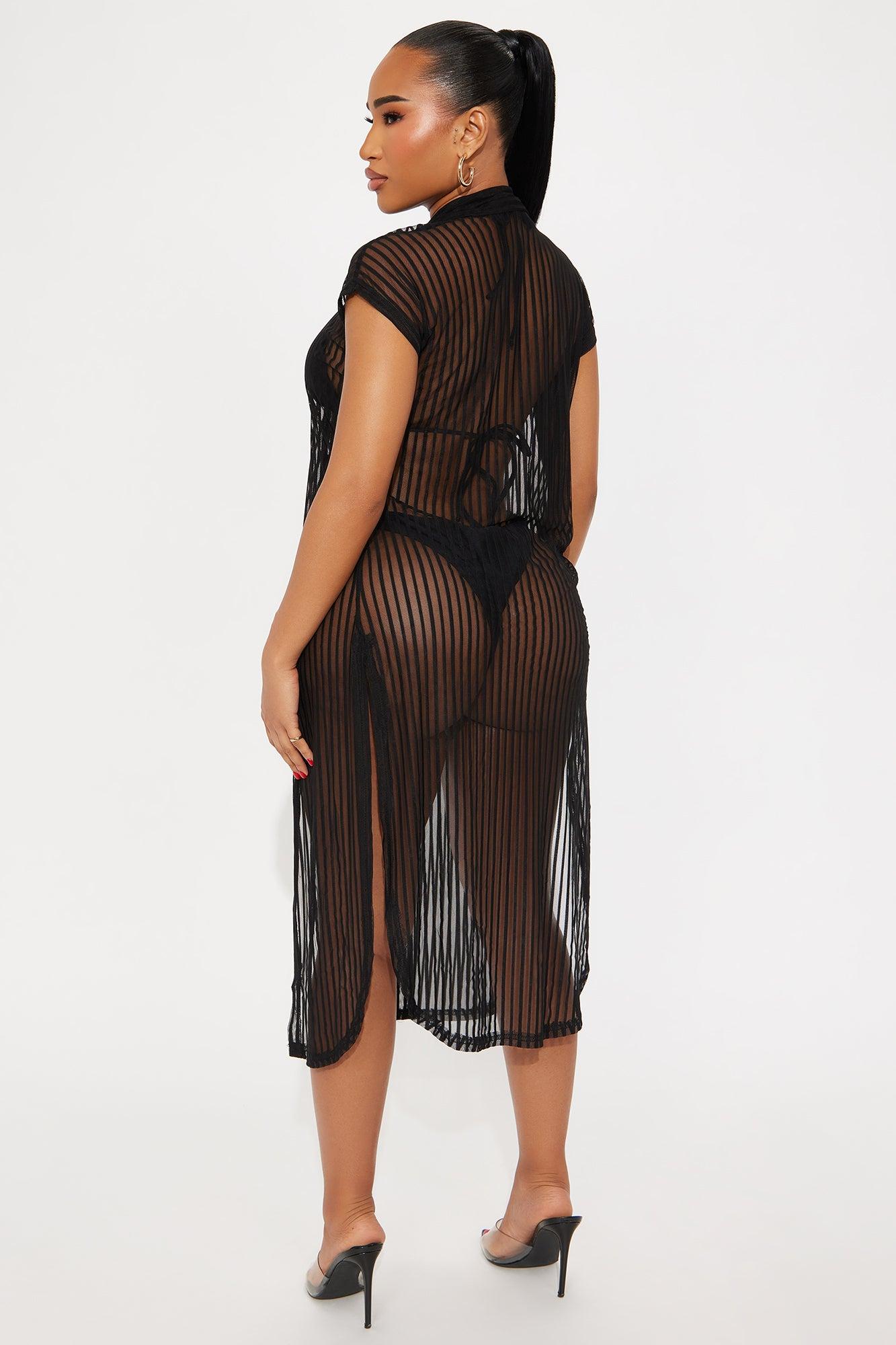 Palm Shade Stripe Midi Button Up Cover Up - Black Product Image