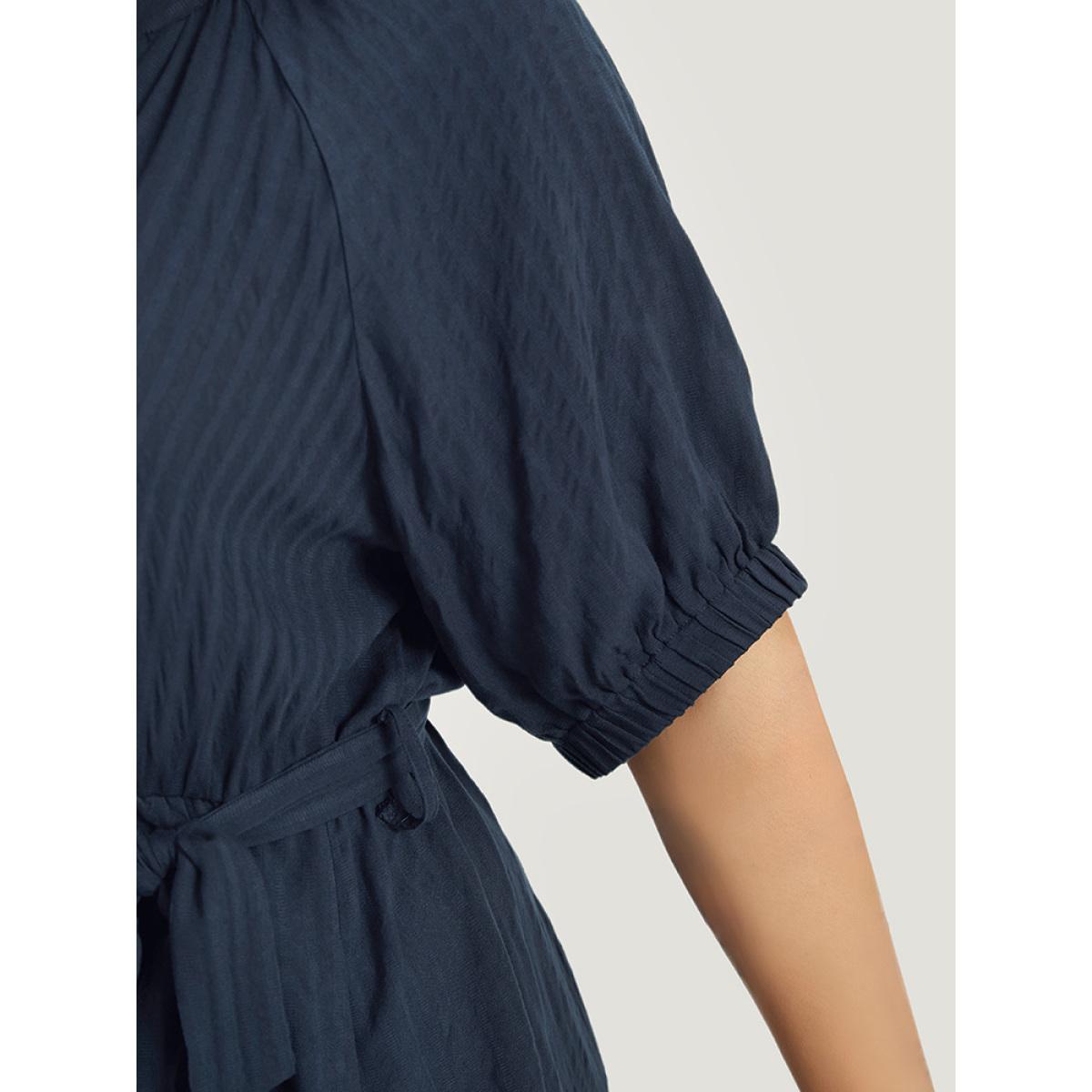 Plus Size Solid Button Through Notched Belted Dress Navy Women Office Elastic cuffs Notched collar Short sleeve Curvy Midi Dress BloomChic 30/6X Product Image