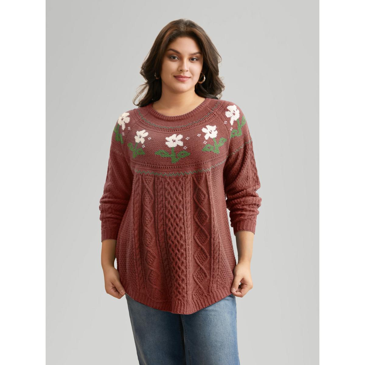 Plus Size Floral Jacquard Raglan Sleeve Pullover Russet Women Leisure Long Sleeve Round Neck Casual Pullovers BloomChic 12/L Product Image