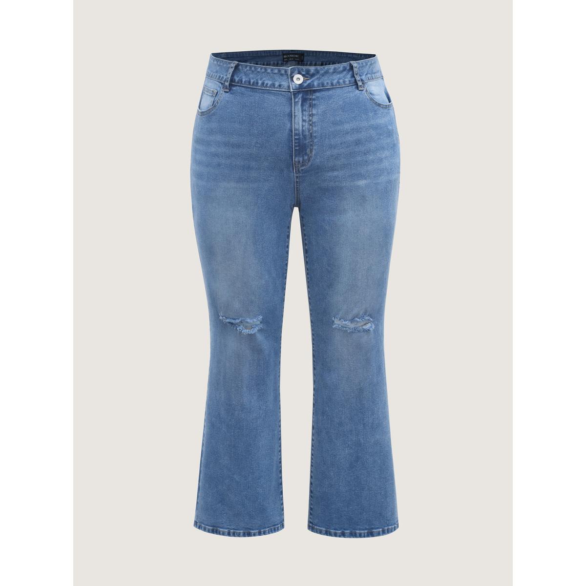 Plus Size Stretchy Ripped Flared Hem Jeans Women Midblue Medium stretch Slanted pocket Jeans BloomChic 22/3X Product Image
