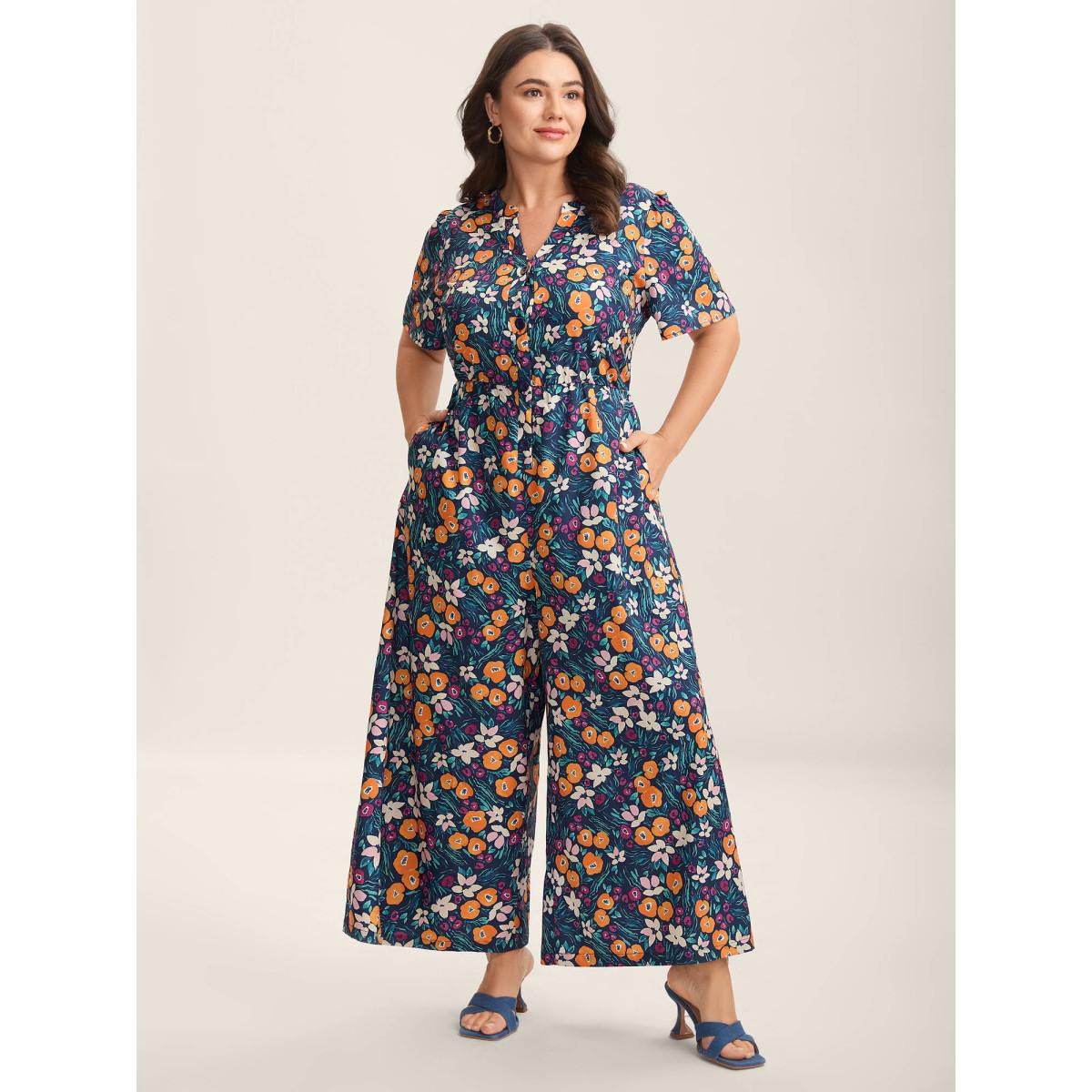 Plus Size DarkBlue Abstract Floral Print Button Jumpsuit Women Short sleeve Notched collar Everyday-Elegant Loose Jumpsuits BloomChic 14-16/1X Product Image