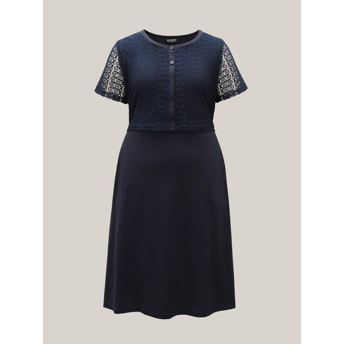 Plus Size 2-in-1 Spliced Button-Front Midi Dress DarkBlue Women Casual Woven ribbon&lace trim Round Neck Short sleeve Curvy BloomChic 18-20/2X Product Image