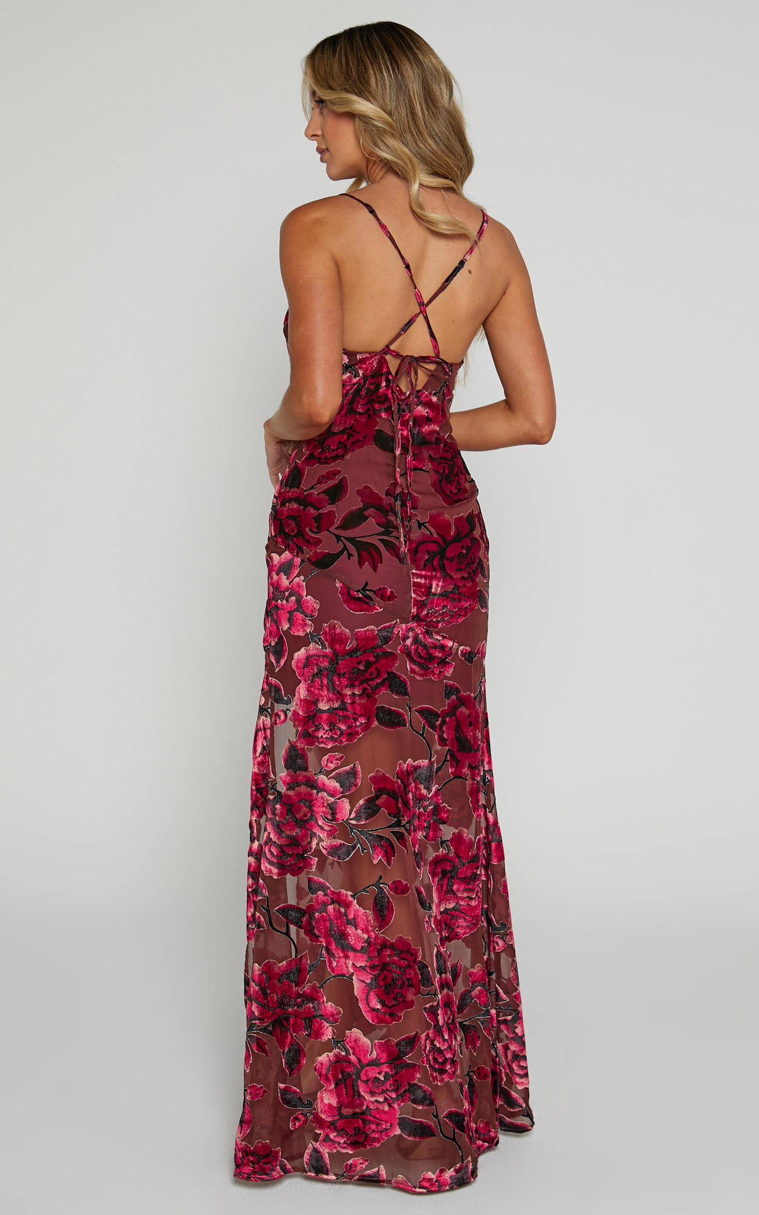 Aletta Maxi Dress - Cowl Cross Back Dress in Wine Floral Product Image