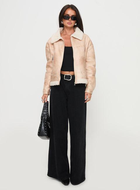 Solara Faux Leather Shearling Jacket Beige Product Image