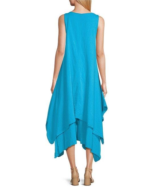 M Made in Italy Cotton Gauze V-Neck Sleeveless Layered Ruched Drawstring Midi A-Line Dress Product Image
