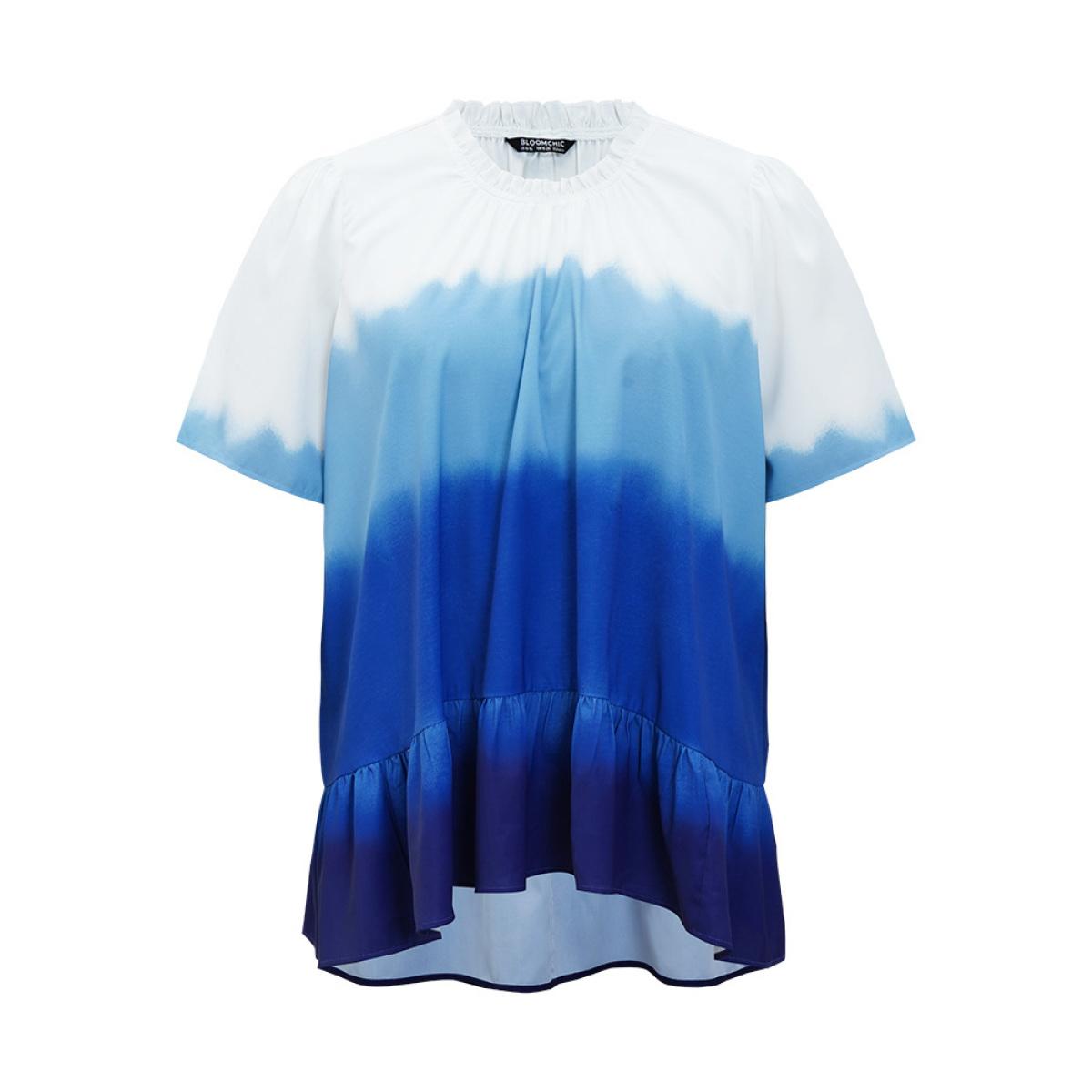 Plus Size Cerulean Tie Dye Frill Trim Mock Neck Ruffle Asymmetrical Hem Blouse Women Vacation Half Sleeve Mock Neck Dailywear Blouses BloomChic 22-24/3X Product Image