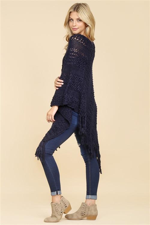 Chic Comfort Navy Fringe Poncho Product Image