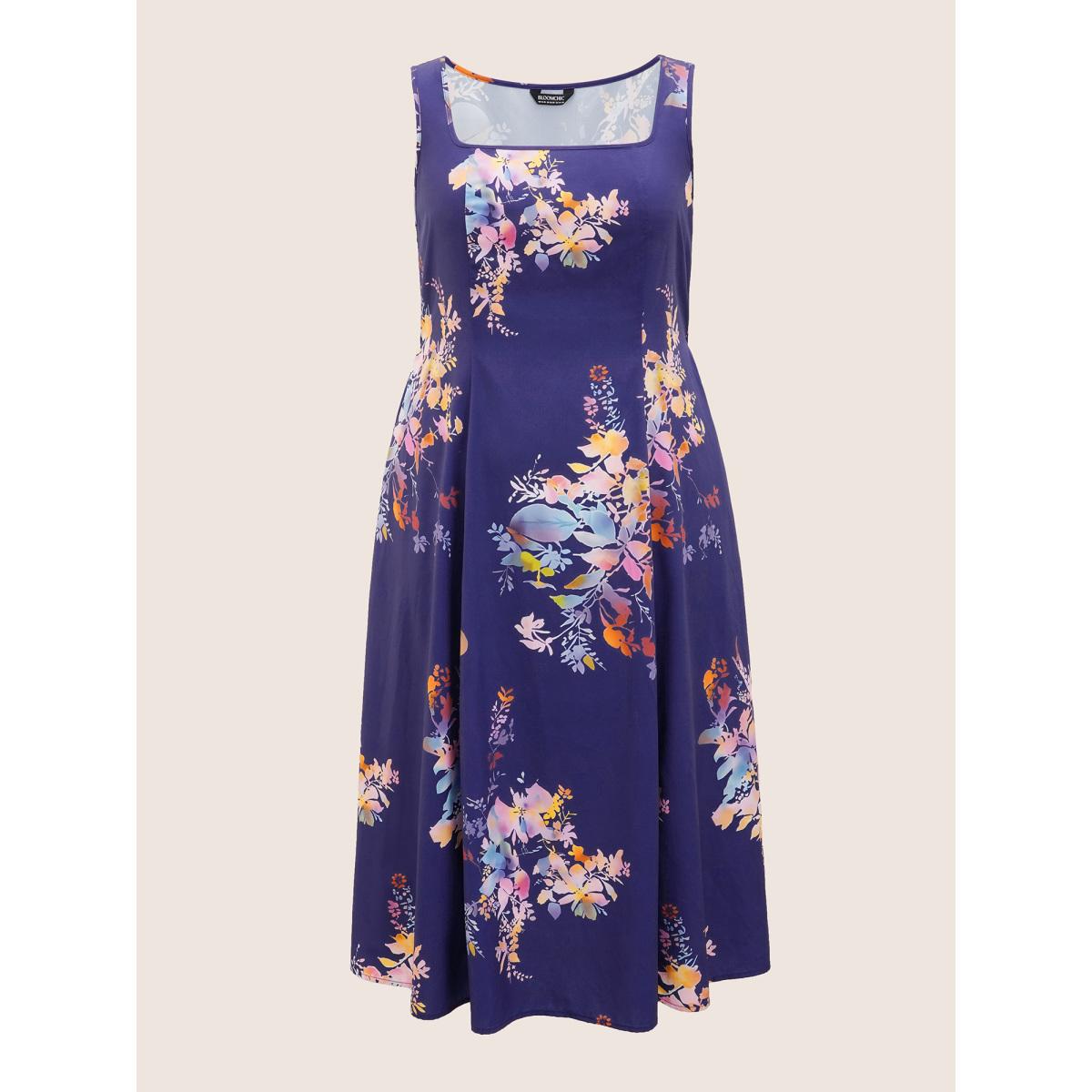 Plus Size Square Neck Silhouette Floral Print Pleated Dress DarkBlue Women Elegant Non Square Neck Sleeveless Curvy BloomChic 30/6X Product Image