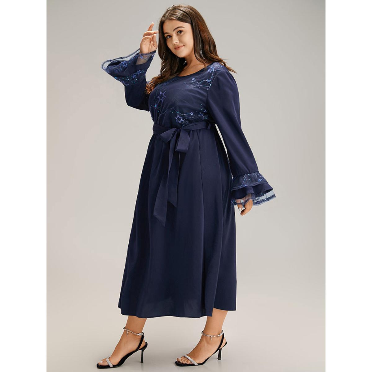 Plus Size Star Sequin Mesh Layered Sleeve Dress DarkBlue Women Party Belted Round Neck Long Sleeve Curvy Midi Dress BloomChic 10/M Product Image