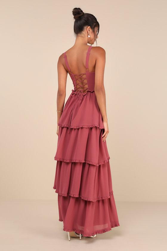 Sophisticated Occasion Rusty Rose Bustier Lace-Up Maxi Dress Product Image