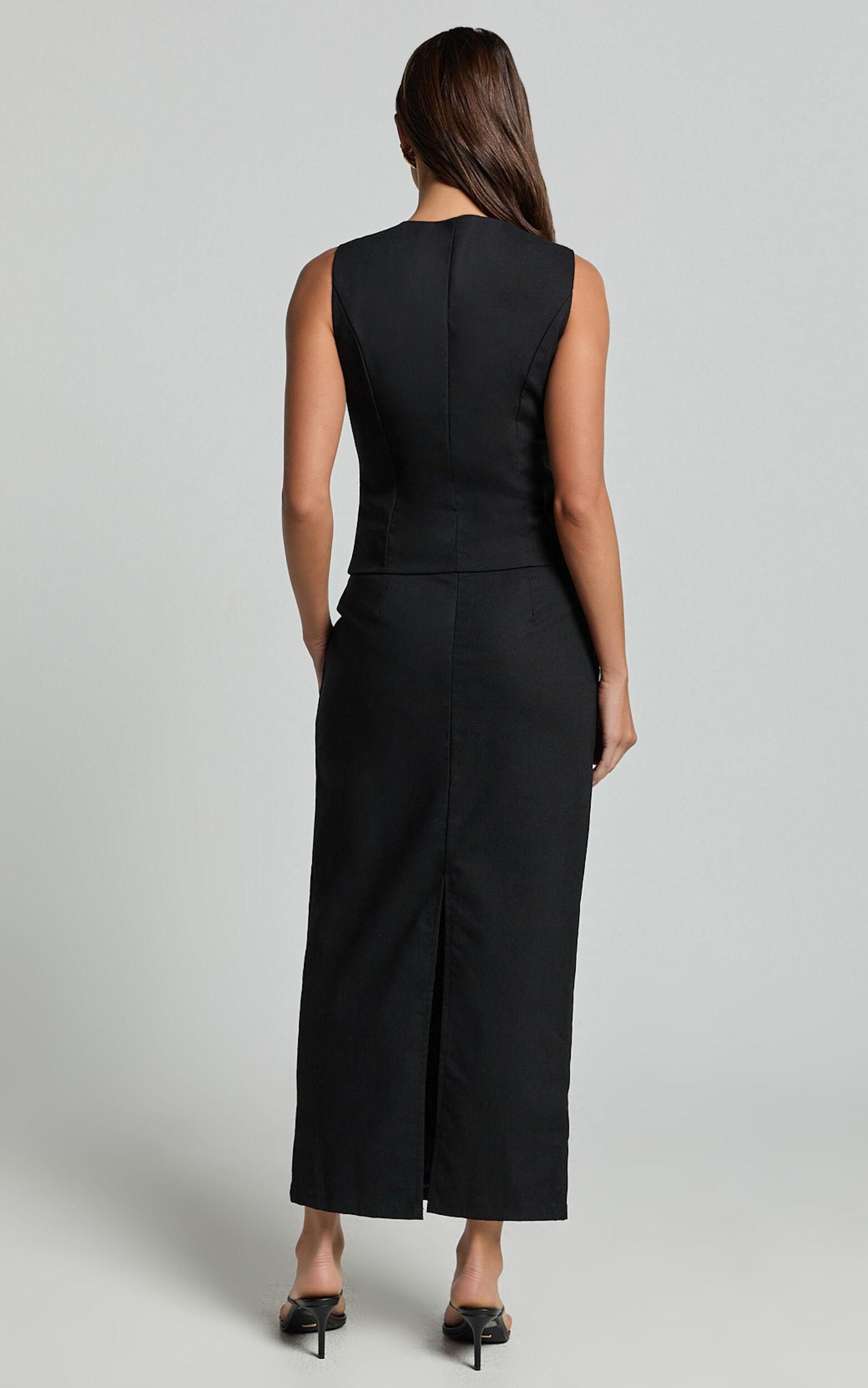 Elias Two Piece Set - Linen Square Neck Vest Top And Column Midi Skirt in Black Product Image