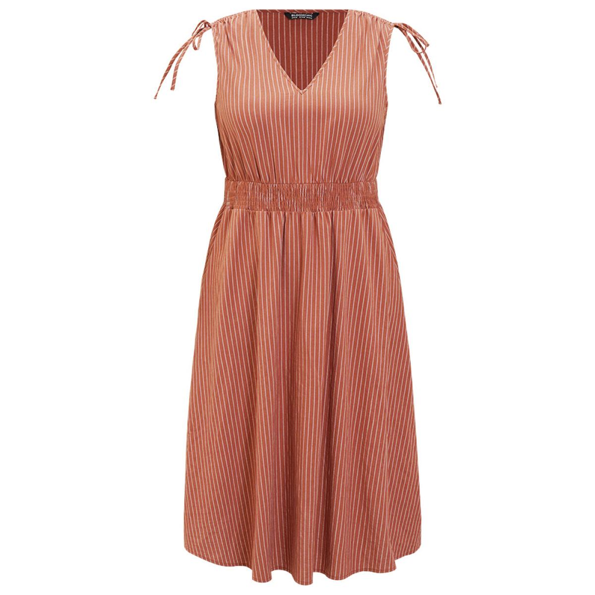 Plus Size Striped Print Pocket Shirred Drawstring Shoulder Dress Rust Women Vacation Contrast V-neck Sleeveless Curvy Midi Dress BloomChic 12/L Product Image