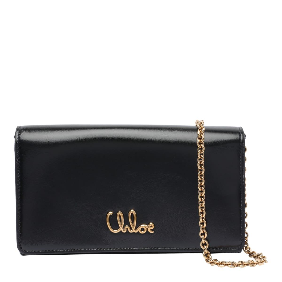CHLOÉ Iconic Flap Wallet On Chain In Shiny Calfskin In Black Product Image