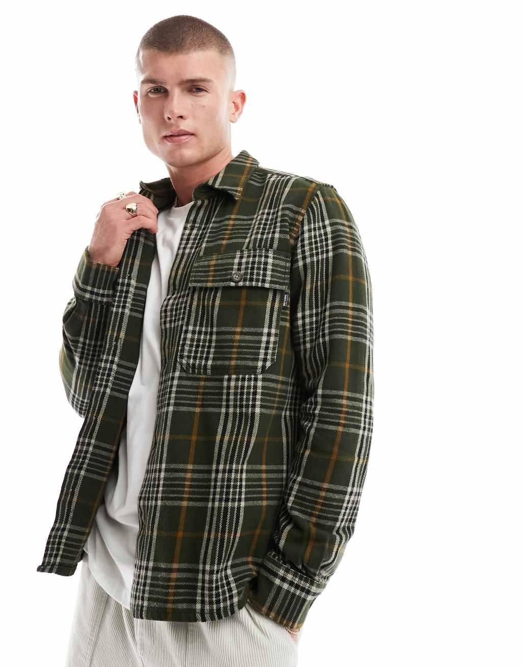 Only & Sons flannel check overshirt in khaki Product Image