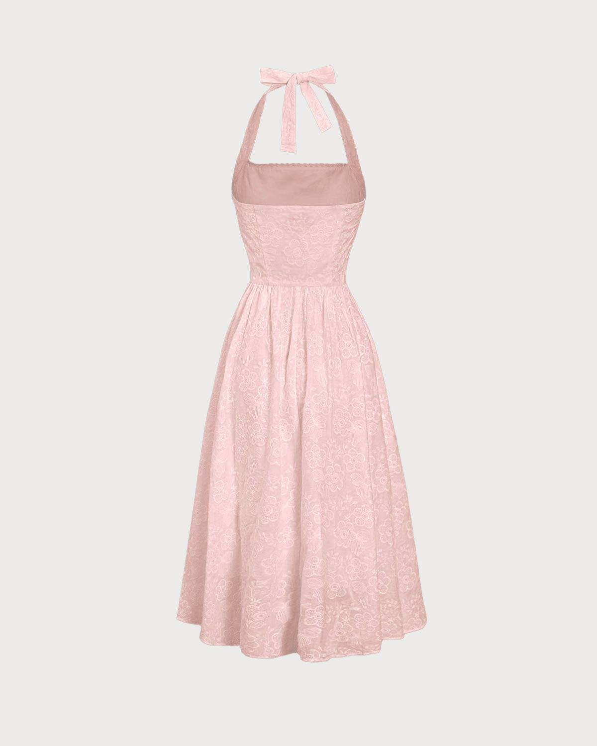 Pink Embroidery Halter Midi Dress Product Image