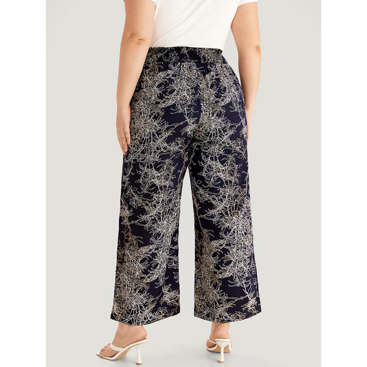 Plus Size Graphic Print Shirred Split Side Tassels Ties Pants Women Indigo Elegant Straight Leg High Rise Dailywear Pants BloomChic 10/M Product Image